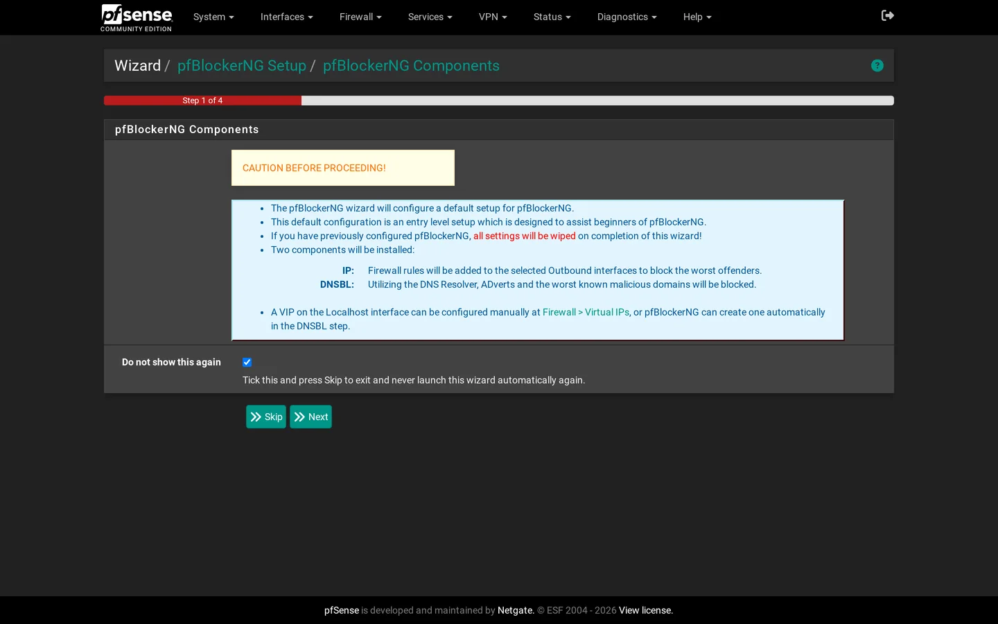 Wizard step 1 of 4 warning that existing settings will be wiped