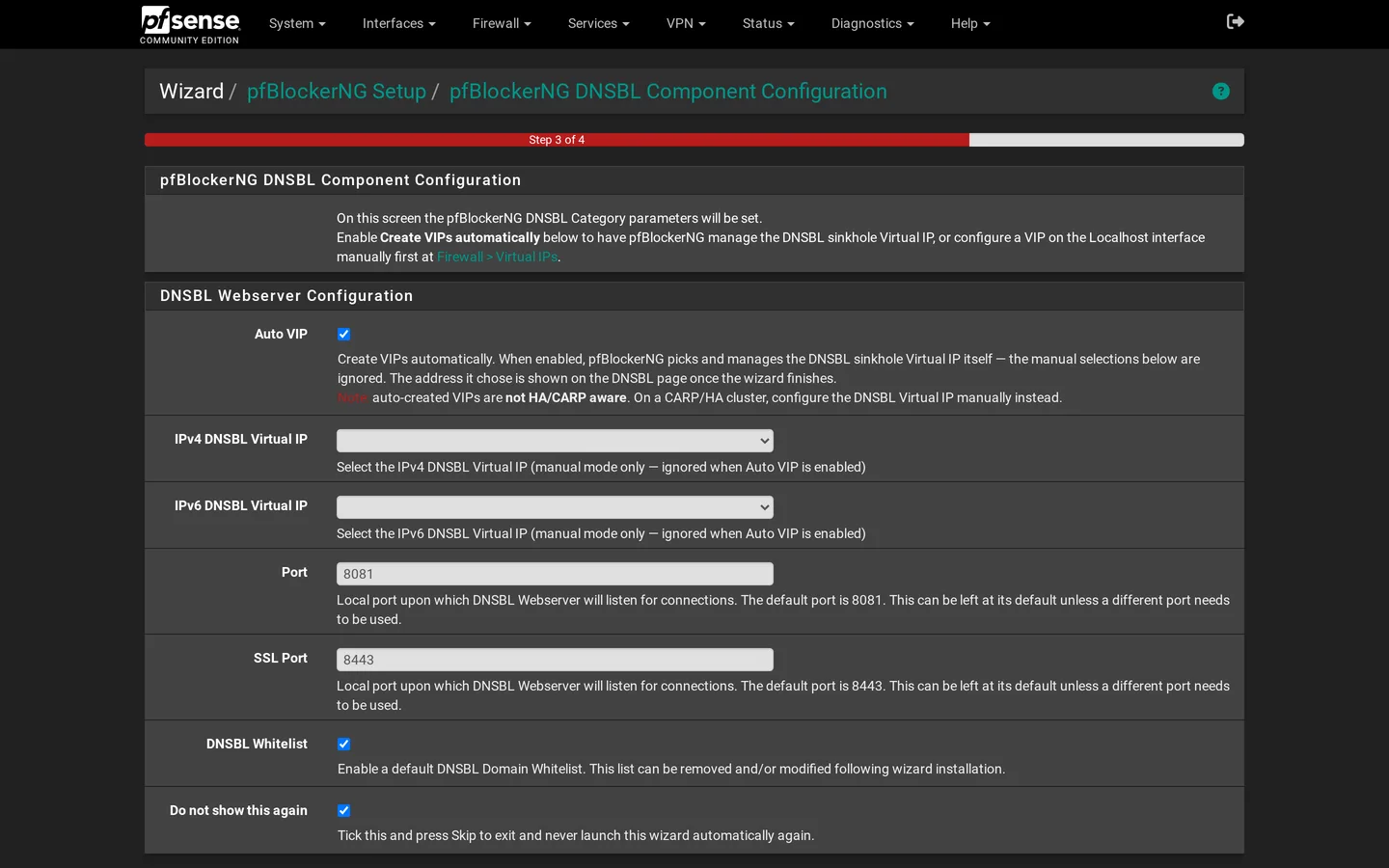 Wizard step 3 of 4 with Auto VIP and the default DNSBL whitelist enabled
