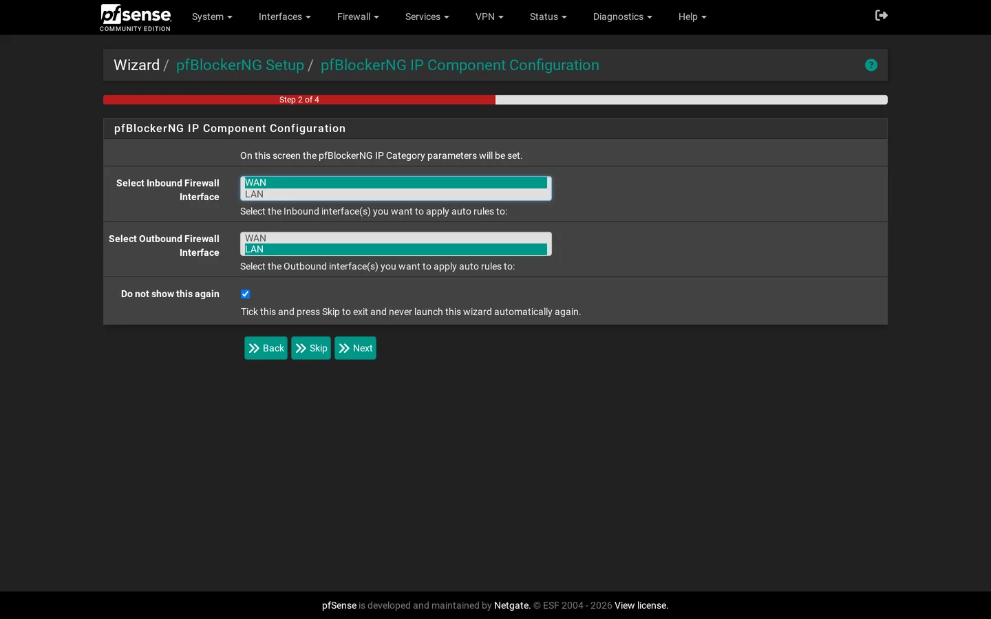 Wizard step 2 of 4: inbound and outbound interfaces for the IP rules