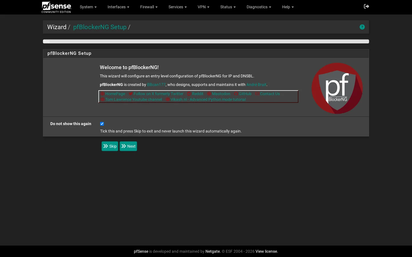 pfBlockerNG setup wizard welcome screen